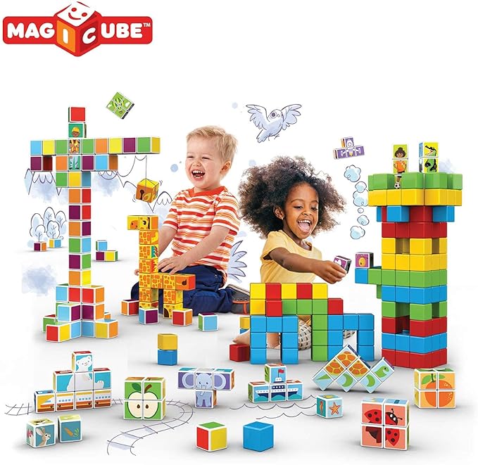 Geomag MagiCube Transport 4-Piece Magnetic Stacking Cubes Building Set, Toddlers & Kids Ages 1.5 and Up, STEM Educational Toy, Swiss-Made, Creativity, Imagination, Learning, 6 Adorable Building Ideas