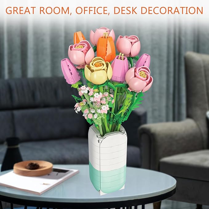 Flowers Bouquet Building Set - Christmas, Mother's Day, Valentine's, or Birthday Gift Ideal for Adult, Women, Girls and Boys, Compatible with Lego Flower, Tulips Toy Building Block with Vase(1011 PCS)