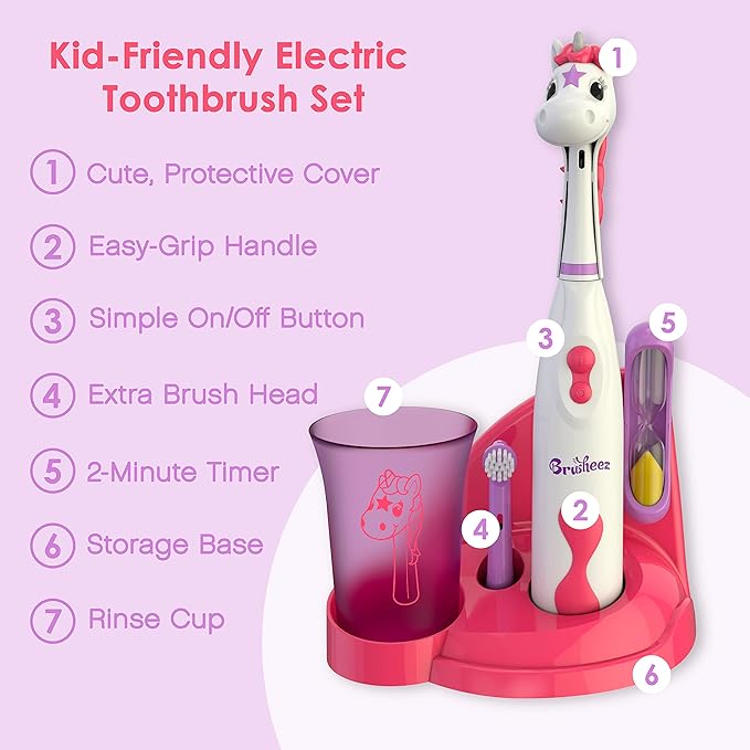 Brusheez Kids’ Electric Toothbrush Set - Safe & Effective for Ages 3+ - Parent Tested & Approved with Gentle Bristles, 2 Brush Heads, Rinse Cup, 2-Minute Timer, & Storage Base (Sparkle The Unicorn)