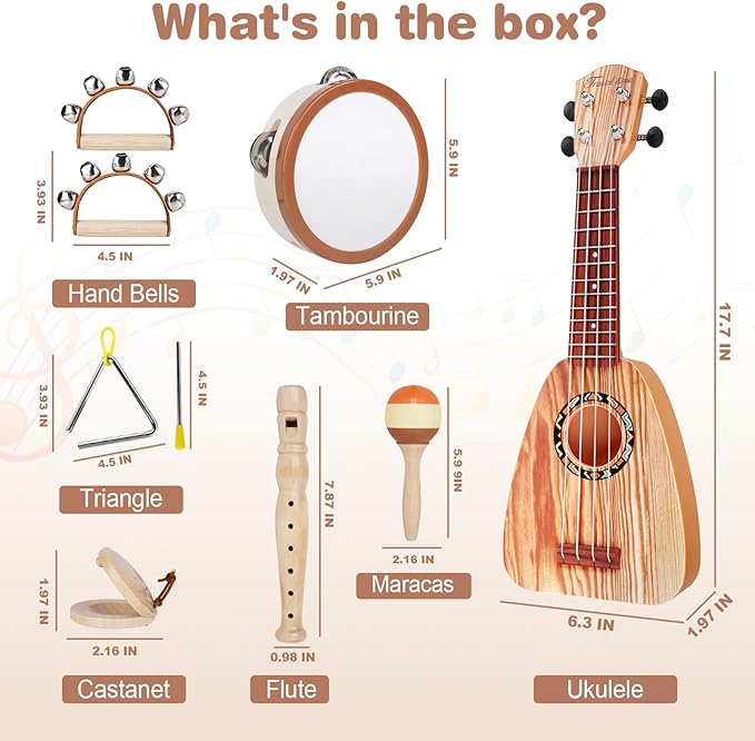 Kids Guitar Set - Toys for 2 3 Year Old Boy Gifts, Montessori Musical Instruments for Toddler 2-4, Birthday Gifts for 3 4 Year Old Girls, Band Sets with Ukulele/Tambourine/Maracas for Kids Age 3 4 5 6