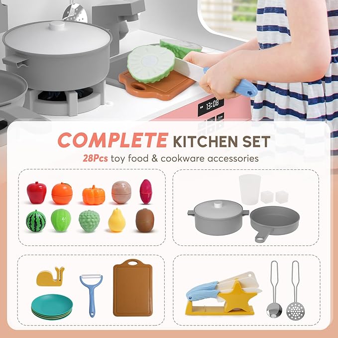 BIERUM Play Kitchen with Realistic Lights & Sounds, Wooden Kitchen Playset with 28 Pcs Toy Food & Cookware Accessories, Toy Kitchen with Plenty of Play Features, Idea Gift for Boys and Girls Ages 3+