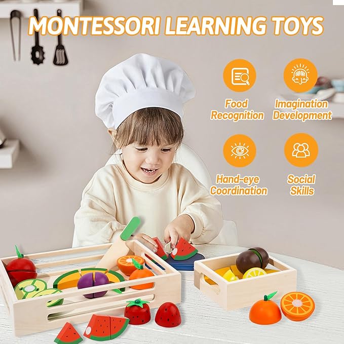 BAODLON Wooden Cutting Fruit Set - Wooden Play Food Toys for Kids Kitchen, Multi Play Food Kitchen Accessory with 2 Trays, Play Fake Fruit Toys Birthday Gifts for 3 4 Years Toddler Girl Boy