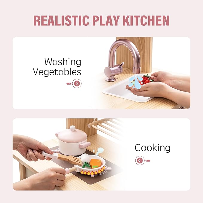 ROBOTIME Wooden Play Kitchen Set, Pretend Play Kitchen Set for Kids with Realistic Design, Kids & Toddlers Kitchen Playset with Dishwasher, Toy Kitchen Set for Boys and Girls Ages 3+ (Pink)