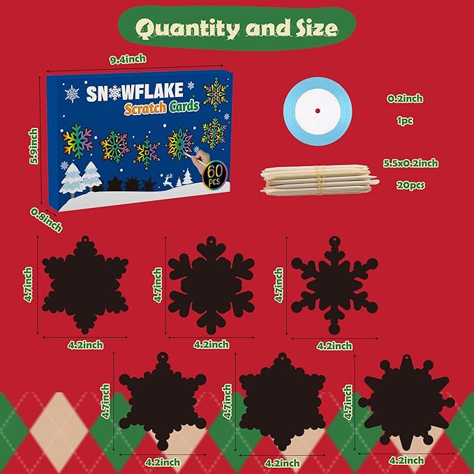 CY2SIDE 60PCS Snowflake Color Scratch Cards Gift Set for Kids DIY Winter Snowflake Hanging Scratch Cards for Kids Snowflake Magic Art Rainbow Color Craft Kit for Winter Christmas Party Favors