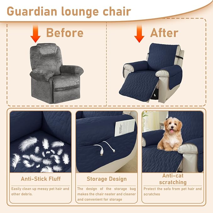 Recliner Covers That Stay in Place, 100% Waterproof Non-Slip Recliner Chair Covers with Pocket, Elastic Straps, Washable Reclining Chair Protector for Kids, Pets, Dog, Cat,Dark Blue,23IN