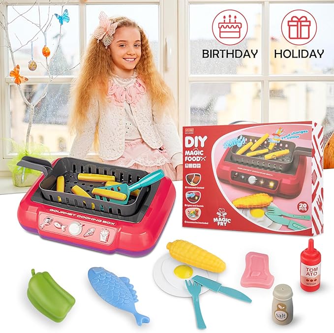 Kids Grill Playset,Kids Play Food with Water Activated Color Changing Toys, Simulation Cooking Toy with Water, Kitchen Toy for Toddler Child Girl Boy 3 4 5 6 Year Old - Red
