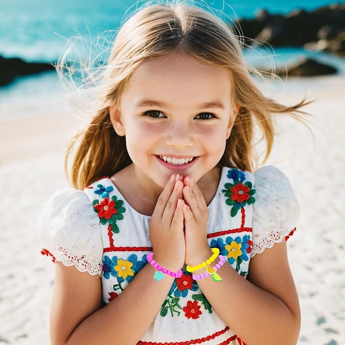 PinkSheep Unicorn Beads Pendant Bracelet for Kid Girl, 6PC, Rainbow Monster Sun Flower Heart Meteor Charm Friendship Bracelet Good Friend Gift