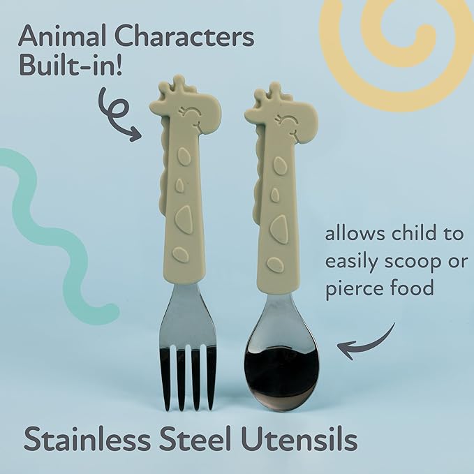 Nuby Animal Friends Silicone and Stainless Steel Fork and Spoon Set - 12+ Months - Green Giraffe