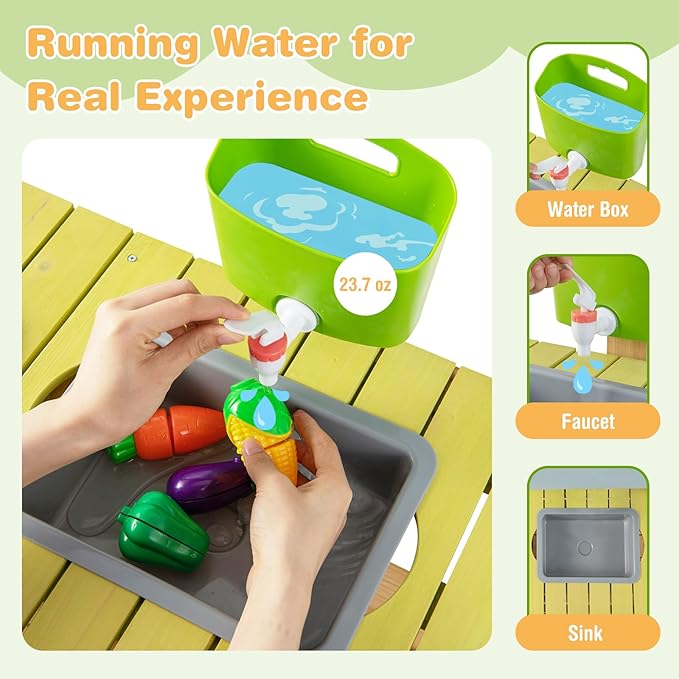 HONEY JOY Mud Kitchen, Fir Wooden Play Kitchen for Toddlers, Mud Table, Running Water, Removable Sink, Outdoor Kids Kitchen Playset, Mud Kitchen for Kids Outdoor, Gift for Boys Girls