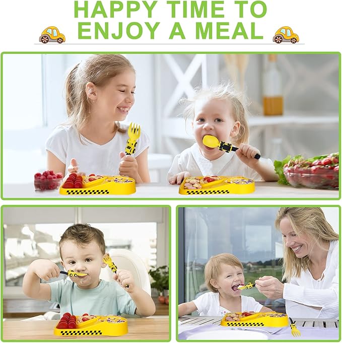 Construction Toddler Plates - Toddler Eating Utensil Set with Removable Straw - Toddler Utensils Set - Baby Plates Feeding Set - for Stocking Stuffers and Birthday Gifts - Yellow