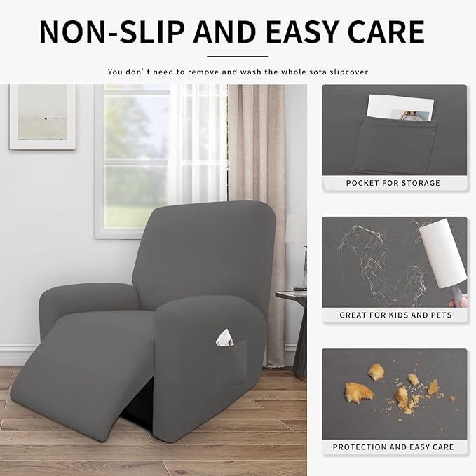 Easy-Going 100% Dual Waterproof Recliner Cover Stretch Soft Couch Cover for Dogs, Sofa Slipcover for Recliner Couch Leakproof Furniture Protector for Kids, Pets Gray