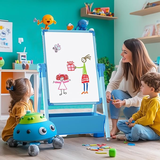 Art Easel for Kids, Double Sided Kids Easel Drawing Board, Whiteboard & Chalkboard for Kids, 360°Rotating Adjustable Kids Easel Art Set, Standing Erasable Easel Board, Easel for Classroom (Blue)