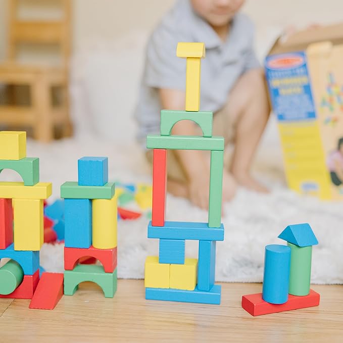 Melissa & Doug Wooden Building Blocks Set - 100 Blocks in 4 Colors and 9 Shapes Classic Kids Toys, Colored Wood For Toddlers Ages 2+ - FSC-Certified
