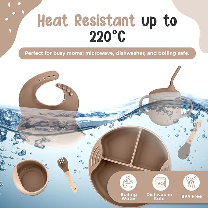 Silicone Baby Feeding Set, Eating Utensils with Suction Plate and Bowl, Baby Led Weaning Supplies, Toddler Self Feeding Dish Set with Waterproof Full Sleeve Bib, Spoon, 10pcs (Beige)