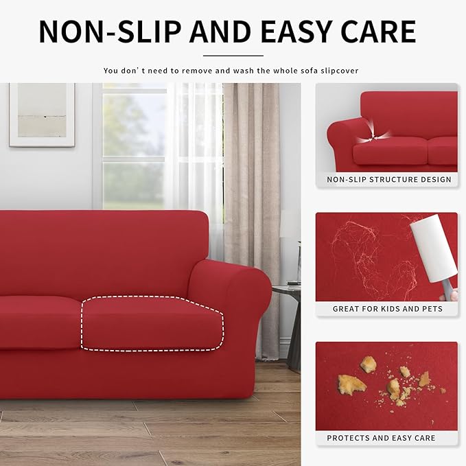 Easy-Going 100% Dual Waterproof Stretch Soft Couch Cover for Dogs, Sofa Slipcover for 3 Separate Cushion Couch Leakproof Furniture Protector for Kids, Pets Christmas Red