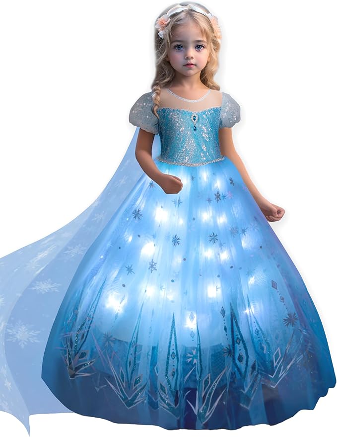 Princess Dresses for Girls Toddler Princess Costume Dress Up Clothes for Girls Halloween Costume with Cape for Christmas, Birthday, Party, LED Light No Assembly Needed, 120