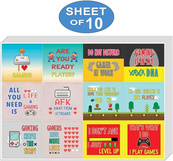 Creanoso Fun Gamer Stickers for Gamers (10-Sheet) – Colorful Gift Funny Stickers – Awesome Stocking Stuffers Gifts for Gamers, Console Players, Adult Men Teens – Gaming Tournament Giveaways