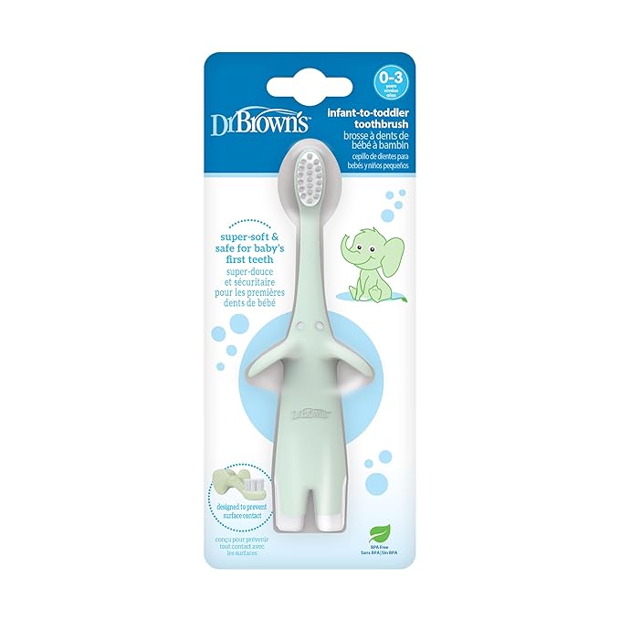 Dr. Brown's Infant-to-Toddler Toothbrush, Soft and Safe Baby Training Brush, Elephant, Mint, 0-3 years (Styles May Vary)