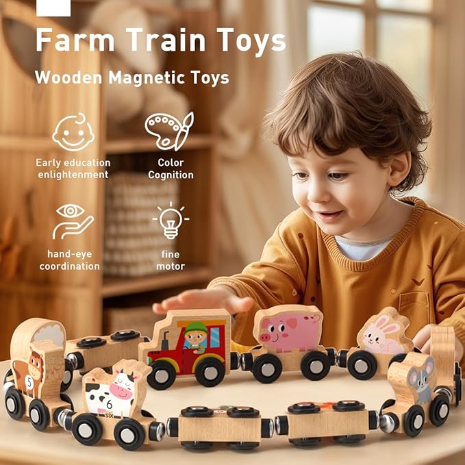 Montessori Toys for Toddlers, 11PCS Wooden Train Set, Toddler Toys for Preschool Learning Activities for Kids, Birthday Gift for Boys and Girls