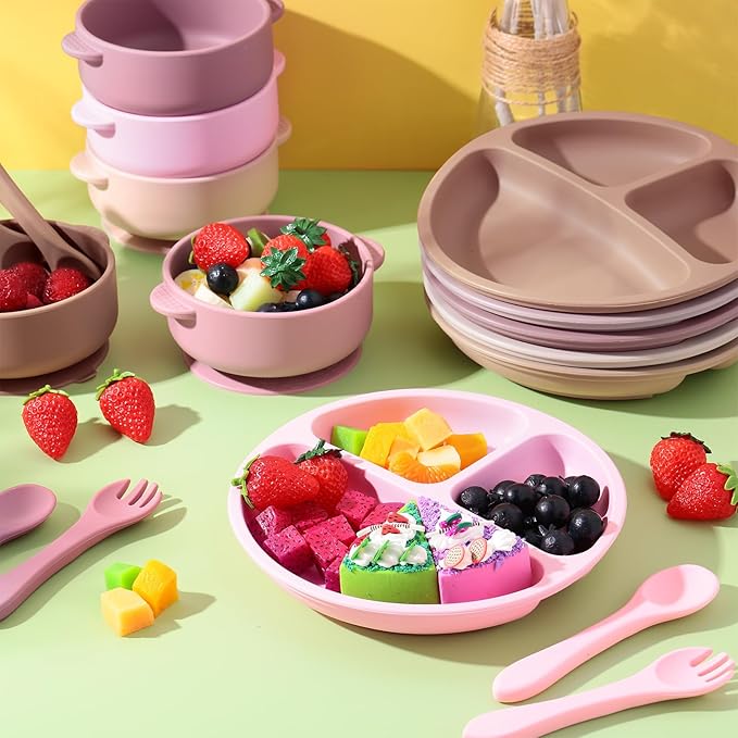 Dandat 24 Pcs Silicone Baby Feeding Set,6 Baby Toddler Suction Bowls 6 Divided Suction Plates with 6 Forks 6 Spoons, Utensils Set for Weaning Infant Feeding and Eating, 6 Styles(Light Color)