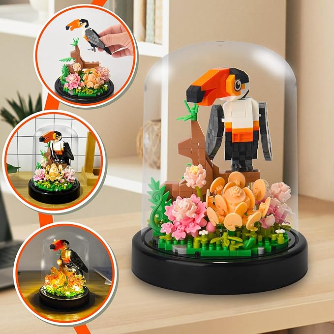 Topdear Flower Parrot Bouquet Building Set with LED String Light and Dust Cover, 660 Pcs Animals Mini Bricks Building Blocks Toy for Kids, Adults, Gift for Mother's Day, Christmas(Black)