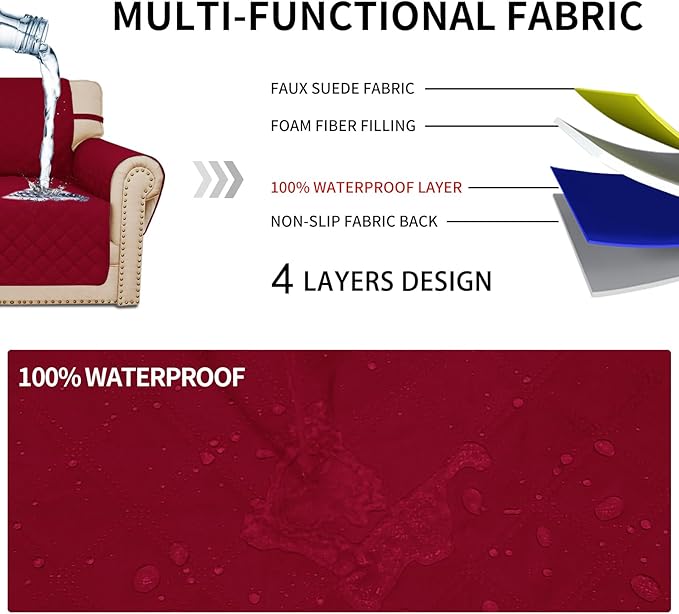 Easy-Going Waterproof Oversized Loveseat Covers Leakproof Couch Cover for 2 Cushion Couch Sofa Cover Washable Sofa Slipcover Non-Slip Furniture Protector with Pocket for Pet(Medium-XL, Christmas Red)