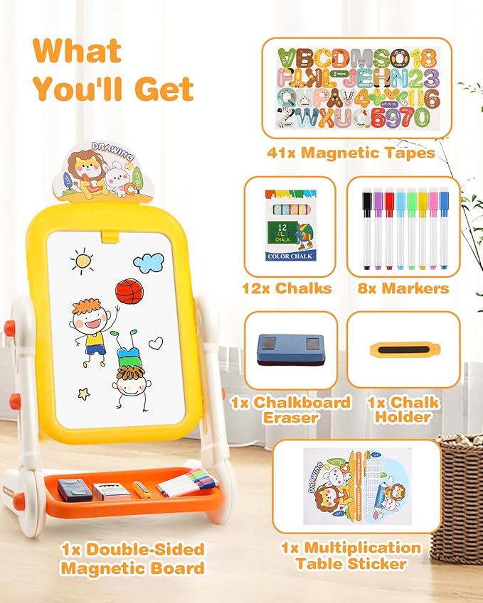 Kids Art Easel for Toddler 3-8, 4 in 1 Standing Rotatable Drawing Board with Painting Accessories, Large Magnetic Child White Board & Chalkboard Learning Educational Toy for Boys Girls Gift with Case