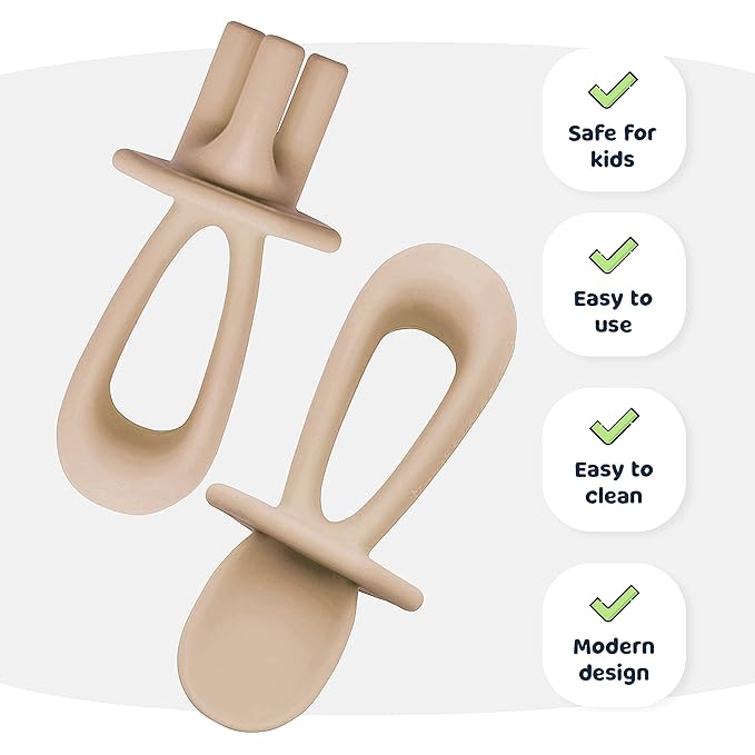 Tiny Twinkle Silicone Training Utensils - Baby Spoons and Baby Forks For Self-Feeding Training - Silicone Baby Led Weaning Utensils For Toddlers And Babies 6-24 Months - Baby Feeding Supplies (Sand)