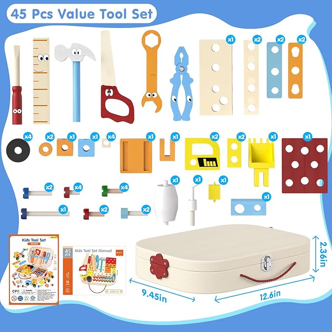 45 Pcs Kids Tool Set, Toddler Tool Set with Tool Box, STEM Construction Preschool Educational Toys for Age 3 4 5 6 7 Boys Girls, Wooden Tool Kits Toys, Christmas Birthday Present for Kids