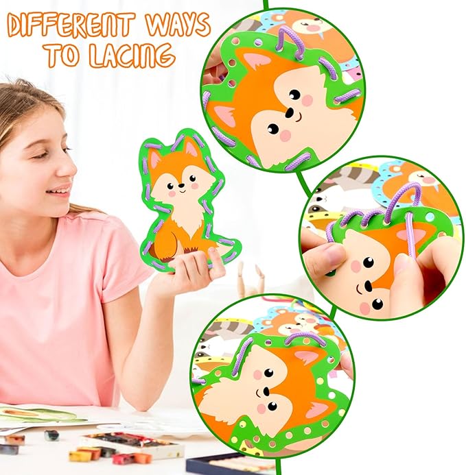 Omlisca Woodland Animals Lacing Cards 12 Pack Forest Animals Sewing Cards Owl Fox Bear Woodland Theme Party Decor Arts and Crafts Gifts for Kids Toddler Preschool Developing Imagination Supplies