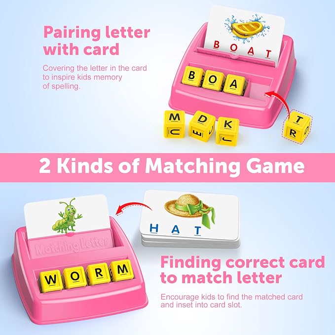 Toys for 3-8 Year Olds Girls, Matching Letter Spelling Games for Kids Ages 3-8 Preschool Learning Educational Toys for Kids Halloween Christmas Birthday Gifts for 3-8 Year Olds Girls Pink