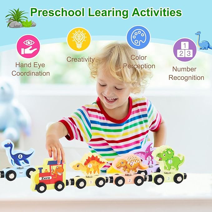 Magnetic Wooden Dinosaur Train Set Montessori Preschool Educational Car Toys for Baby Toddlers Infants Boys Birthday Gifts