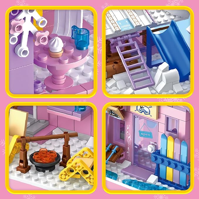 Pink Girls Ski Resort Winter Village House Building Set Compatible with Lego Friends Snow Cabin Collection, Construction Educational Toy for Kids Age 8-12 and Up 1042 PCS