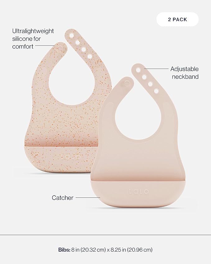 Lalo First Bites Silicone Baby Feeding Set - Baby Led Weaning Supplies - Non-Toxic Silicone - Includes 2 Bibs, 2 Spoons, Training Cup, Suction Plate and Bowl - 6 Pieces - Grapefruit