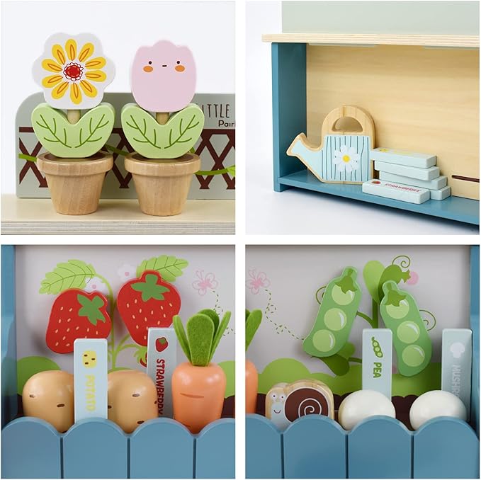PairPear Flower Garden Toy Playset,Toddlers Wooden Toys Play Food Set for Girls Boys 3 Years and Up