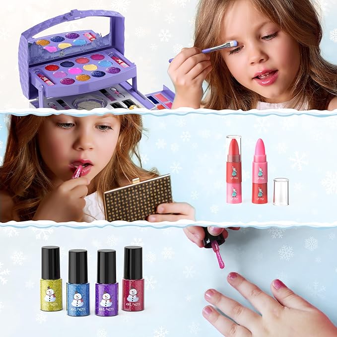 PERRYHOME Kids Makeup Set for Girl 56 Pcs Washable Real Cosmetic, Non-Toxic Frozen Toys Toddler Makeup Kit, Frozen Princess Dress up Game Christmas & Birthday Girl Gift for 3-12(Frozen Purple)