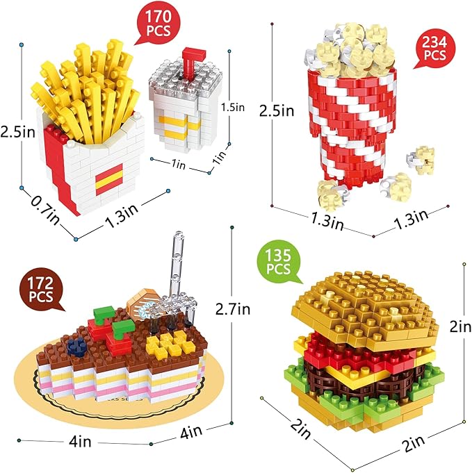 Mini Building Blocks Sets Toys City Fast Food 4 Packs for Kids, Micro Mini Blocks Bricks Kit for Party Favors Goodie Bags, Birthday Gifts Dessert Hamburger, French Fries, Cake, Popcorn