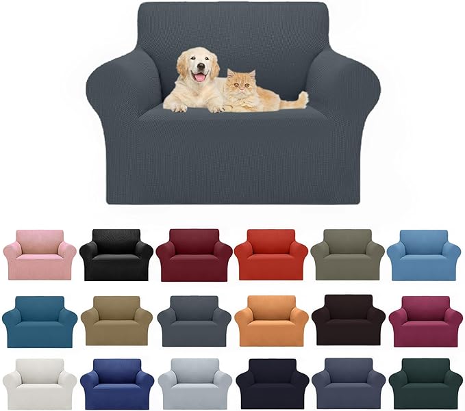 2025 New Stretch Chair Sofa Slipcovers Couch Cover for 1 Seater Furniture Protector Sofa Covers with Elastic Bottom Jacquard Fabric Small Checks for Pets, Kids - Grey
