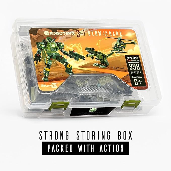 JITTERYGIT Robot Army Buildable Mech Soldier Glow in The Dark Gift Toy Set, Helicopter Military Creative STEM Project, Dinosaur Building Bricks Kit for Kids Ages 6-11 Years Old