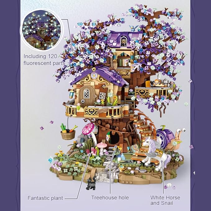 LOZ Mini Blocks 1065 Elf Tree House Building Kit, 3991PCS/MOC Sakura Tree House Street View Building Blocks Set, DIY Mini Bricks House Model, Awesome Building Toys Gift for Adults