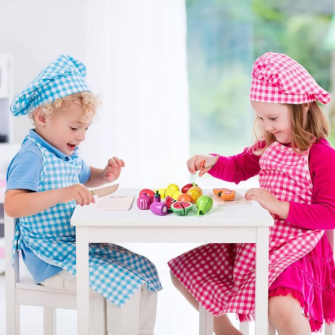 FUN LITTLE TOYS 35PCS Wooden Play Food for Kids Kitchen, Pretend Cutting Food Toys with Wooden Tray, Dishes and Knife for Kids, Pretend Play Food for Christmas Birthday Gifts
