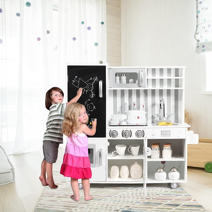 Mayjooy Kids Kitchen Playset, Wooden Play Kitchen w/7 Accessory Utensils, Blackboard, Sink, Stovetop, Sink, Cabinets, Fridge, Simulated Sound & Lights, Pretend Play Kitchen Set for Toddlers Boys Girls