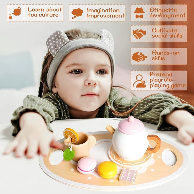 Wooden Tea Party Set for Little Girls,Pretend Play Kitchen Accessories for Toddler 2-10 Years Old,20pcs Wooden Toys for 2 3 4 5 6 Year Old Girl Birthday Gift