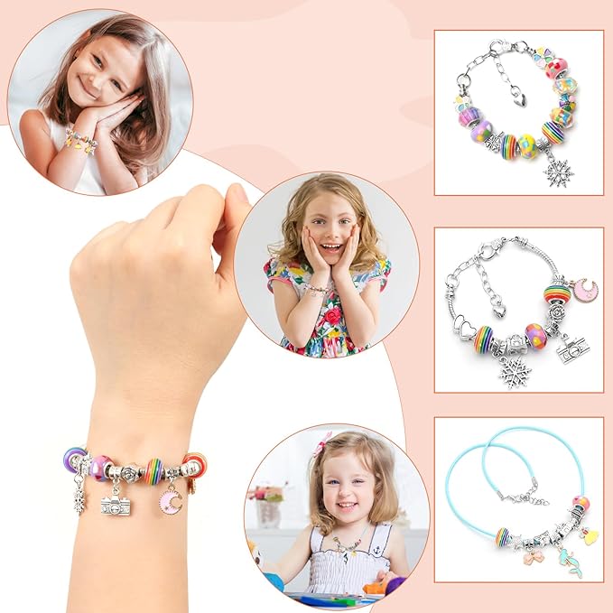 Charm Bracelet Making Kit for Girls Ages 3-12, 66Pcs Kids Jewelry Making Kit Easy to Craft Necklace Personalized Birthday Christmas Gifts With Jewelry Organizer Box A To Z For Girls Jewelry Maker (A)