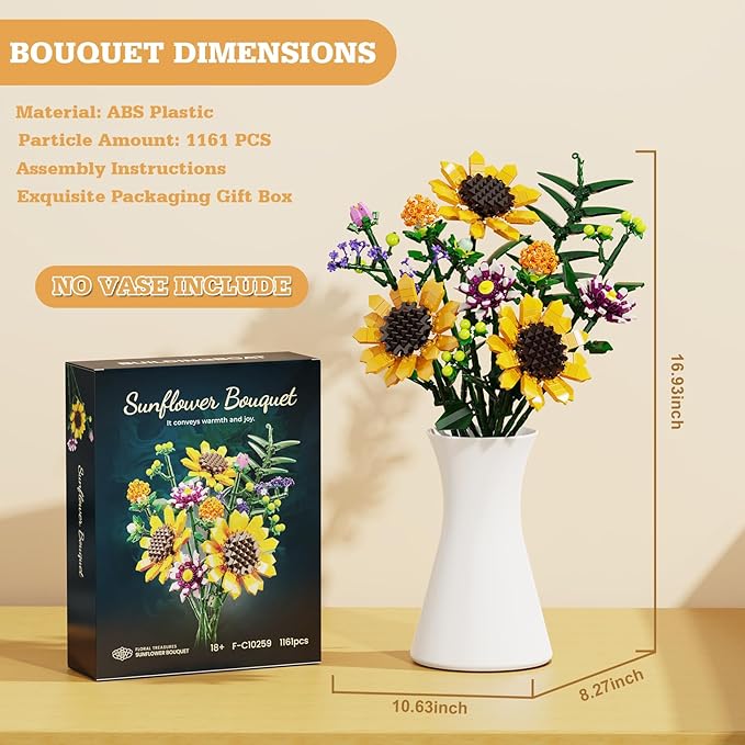 Flower Bouquet Building Set, Sunflower Botanical Collection Blocks Kit Compatible with Lego for Adults Women and Teens Girls 8+ Valentines Day Artificial Flower Decor (1161PCS)