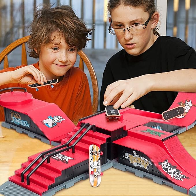 Fingerboard Skatepark Skate Park Kit, 6-in-1 Finger Skateboard Ramp Set Ultimate Parks Training Props with 6 Finger Skateboard 6 Finger Deck & Display Holder Finger Skate Toys for Kids Gifts