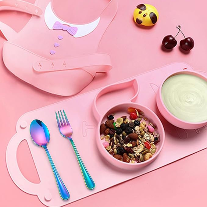 LIANYU 10-Piece Rainbow Children Silverware Set, Kids Forks and Spoons Silverware Set, Stainless Steel Toddler Utensils Flatware, Child Cutlery for Home Preschools, Dishwasher Safe