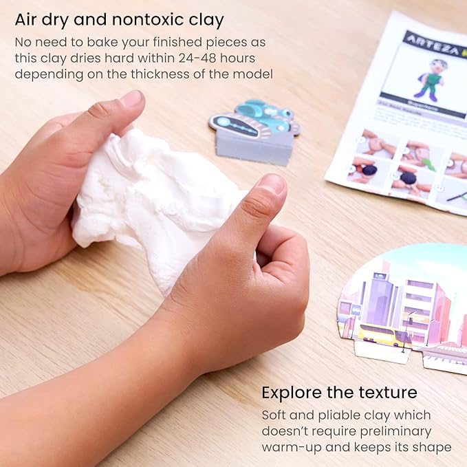Arteza Kids Air Dry Clay, 42 Bars, Superhero Stage Modeling Clay Kit, 14 Mini-Stages, 14 Googly Eyes, 3 Glitter Glues, 1 Craft Tool, 7 Instruction Sheets, Craft Supplies for Learning and Developing