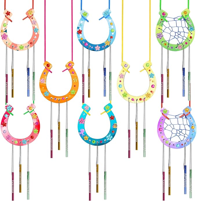 Fennoral 16 Pack Wind Chime Kit for Kids Make Your Own Horseshoe Wind Chime Wooden Arts and Crafts for Girls Boys Ornaments DIY Coloring Horseshoes Craft for Art Activity Birthday Supplies