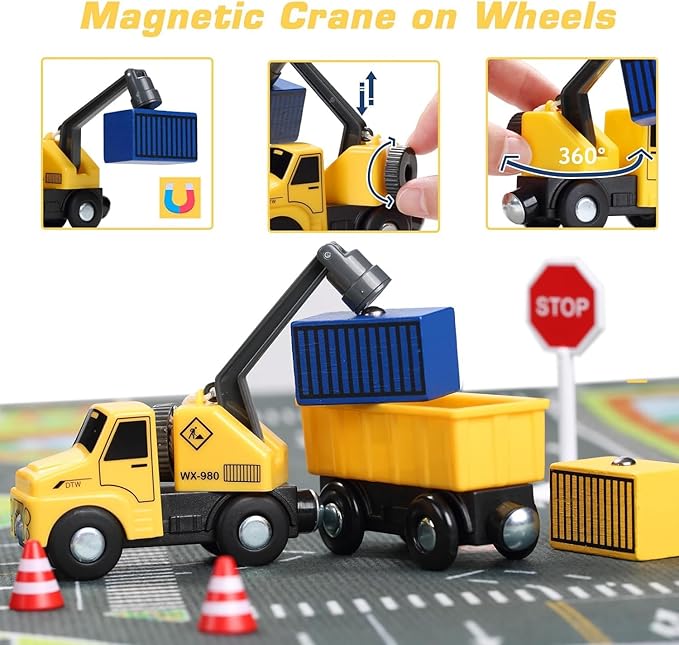 Giant bean 12Pcs Vehicles Battery Operated Train Car Set, Magnetic Mini Construction Set for Wooden Train Track, Bulk Car Toys for Toddlers Boys Girls Kids 3 4 5, Fits for Most Brands